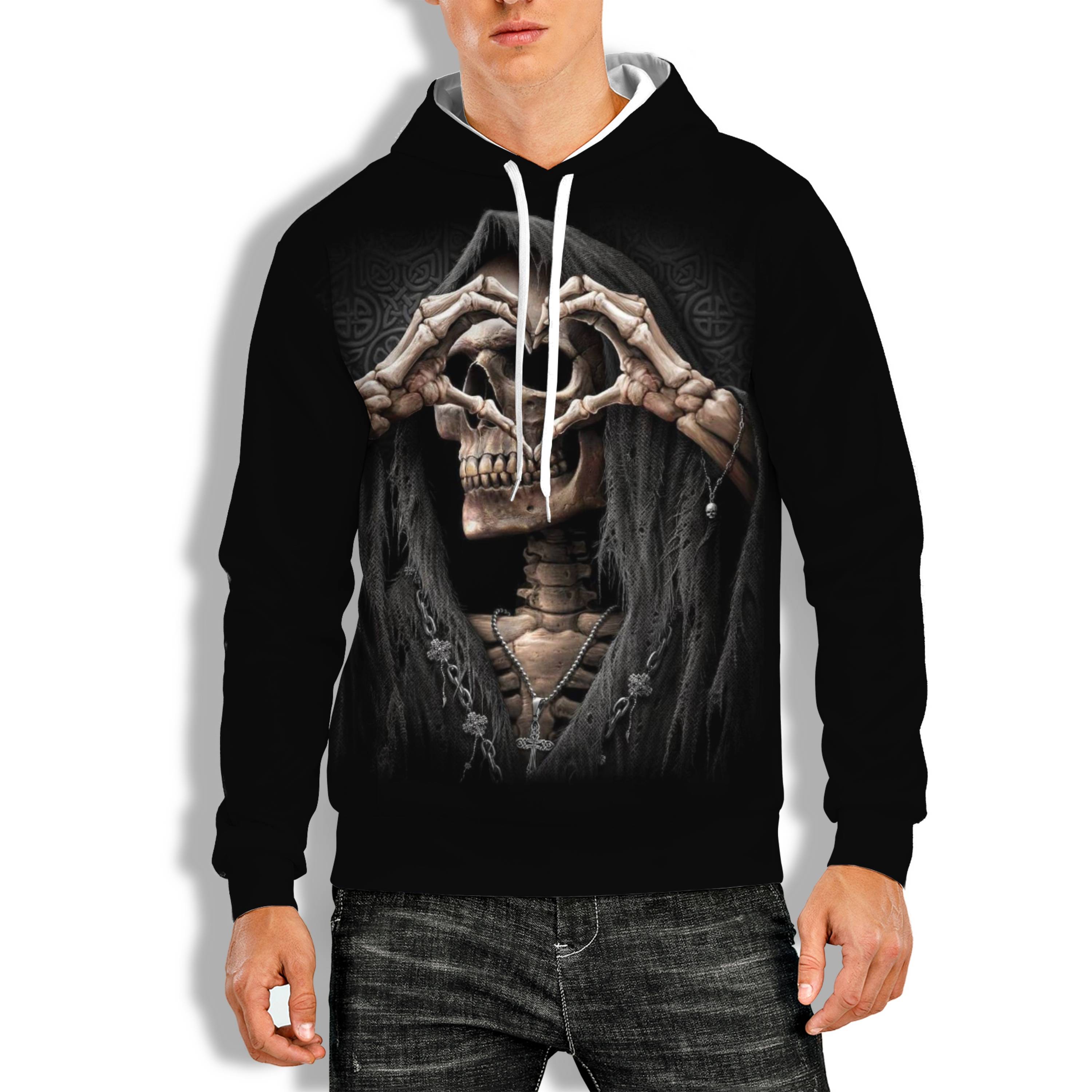 3D PRINT HOODIES WITH HEART SKULL PRINT